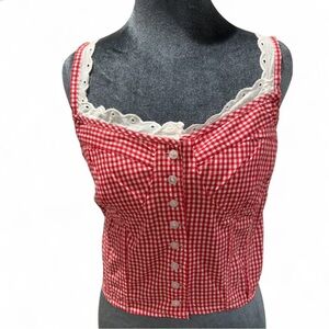 SIM & SAM Red Gingham Lace Trim Women's Top Size XL